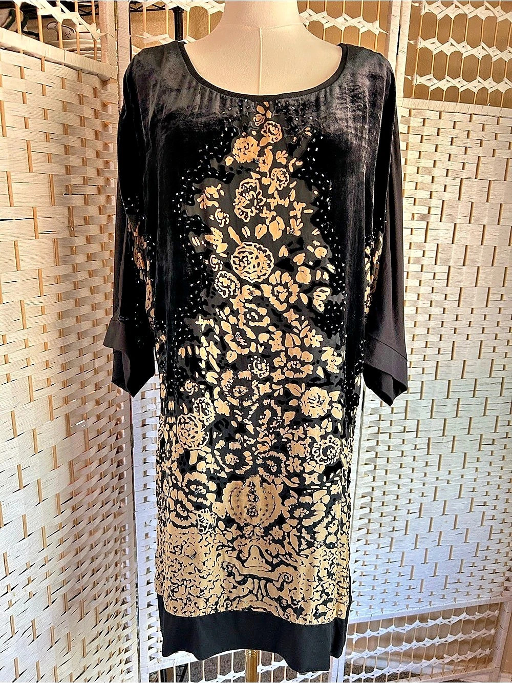 Hale Bob Floral Beaded Mini Dress Black Gold Size Medium Stretchy Lined Boho
